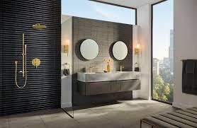 Grohe modern minimal bathroom with freestanding tub, double vanity and brushed nickel fixtures