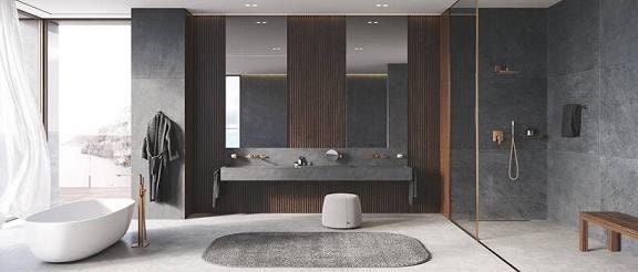 Grohe walk-in shower with large format tile, rain shower system and freestanding tub